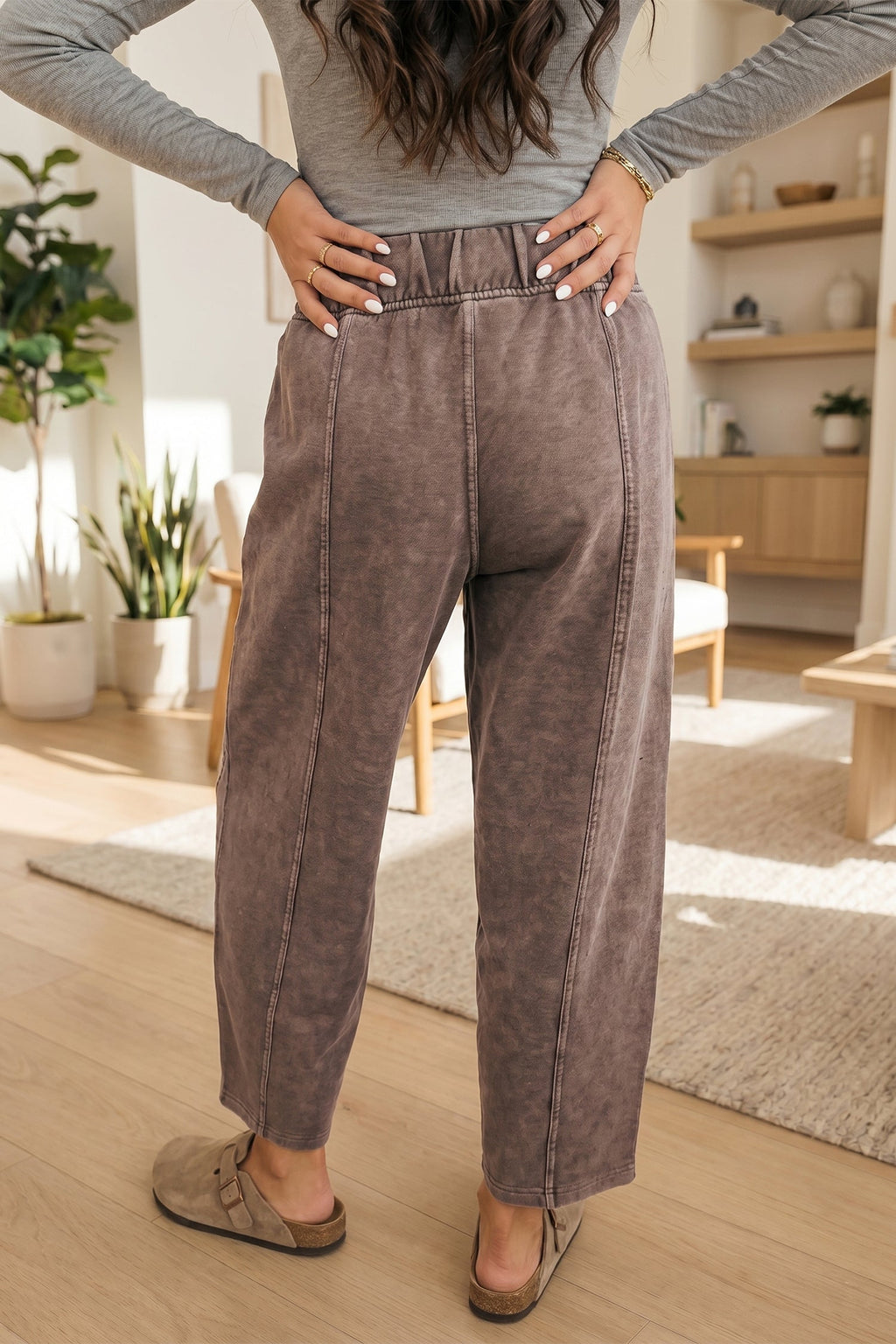 Lola Mineral Wash Seam Detail Elastic Waist Barrel Pants Indie Ladies