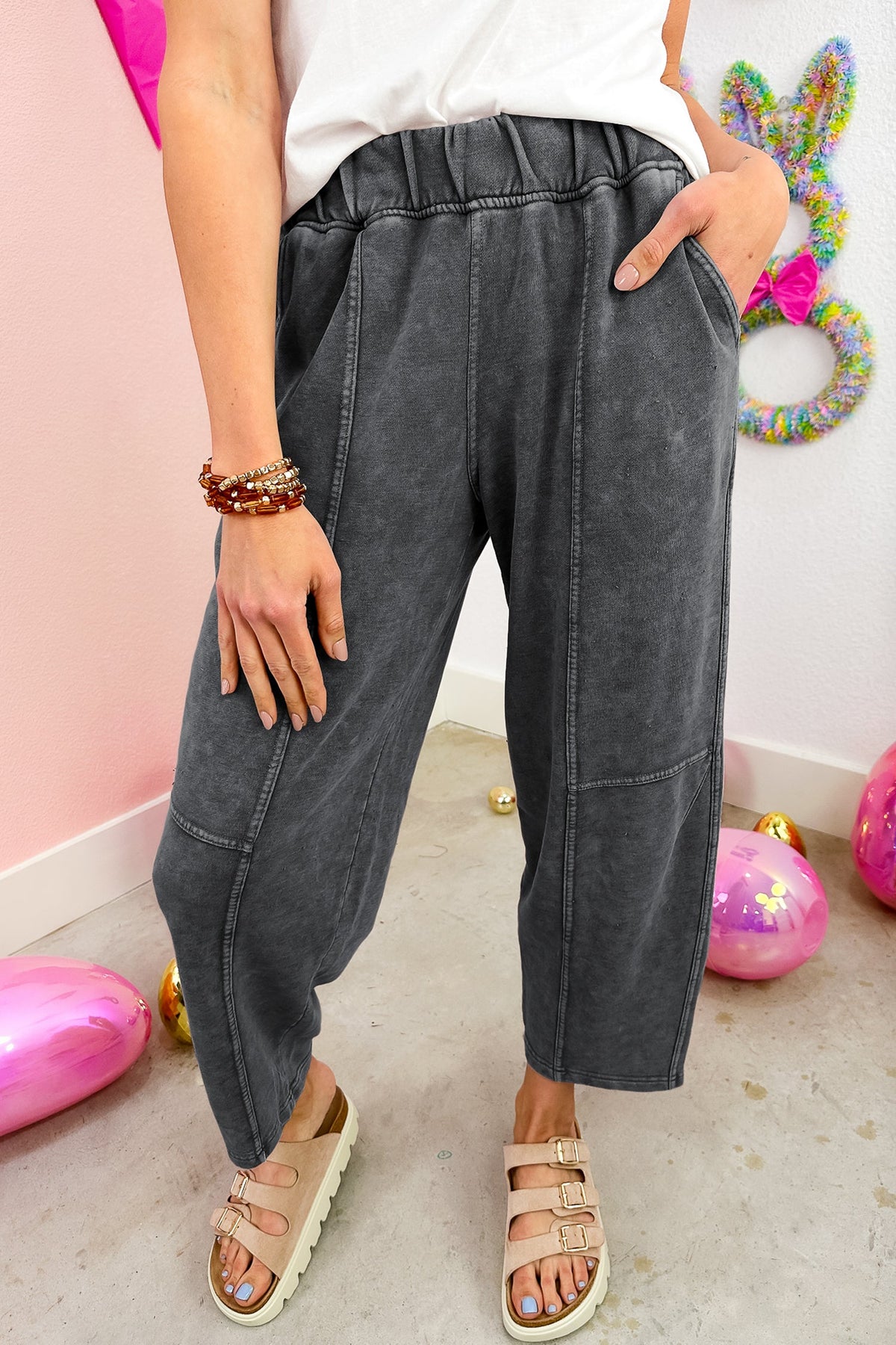 Lola Mineral Wash Seam Detail Elastic Waist Barrel Pants Indie Ladies
