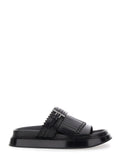 Alexander Mcqueen ladies Black Leather Sandals With Brogue T-Buckle Decorative Strap slides shoes