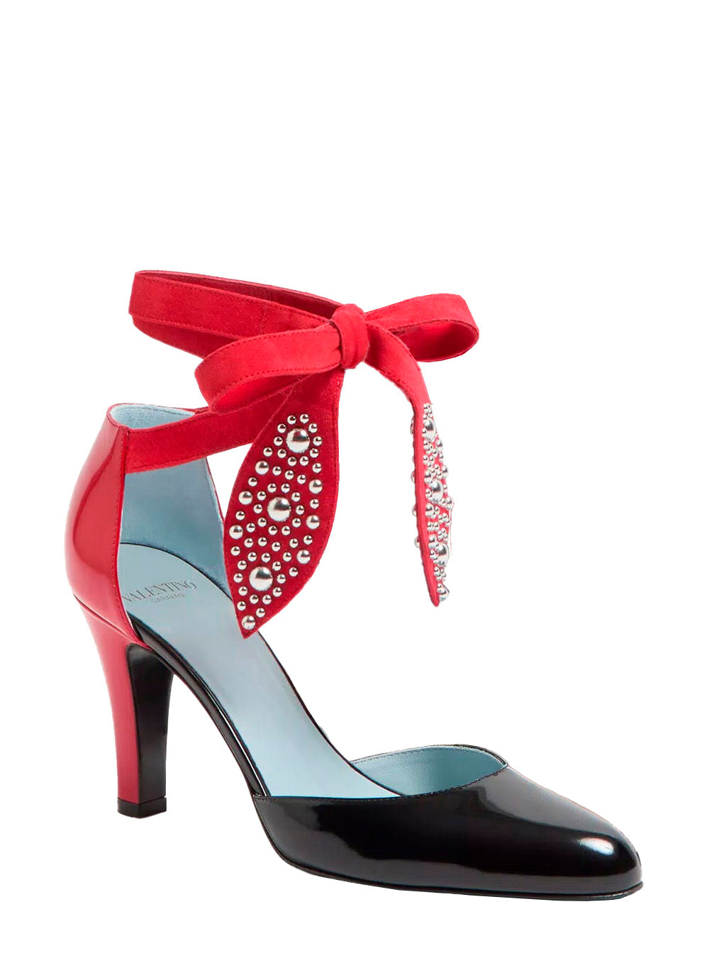 Valentino Garavani ladies 'Foliefoliage' Black Pumps Bead Embellishment Color-Block leather Red Black ankle tie heels