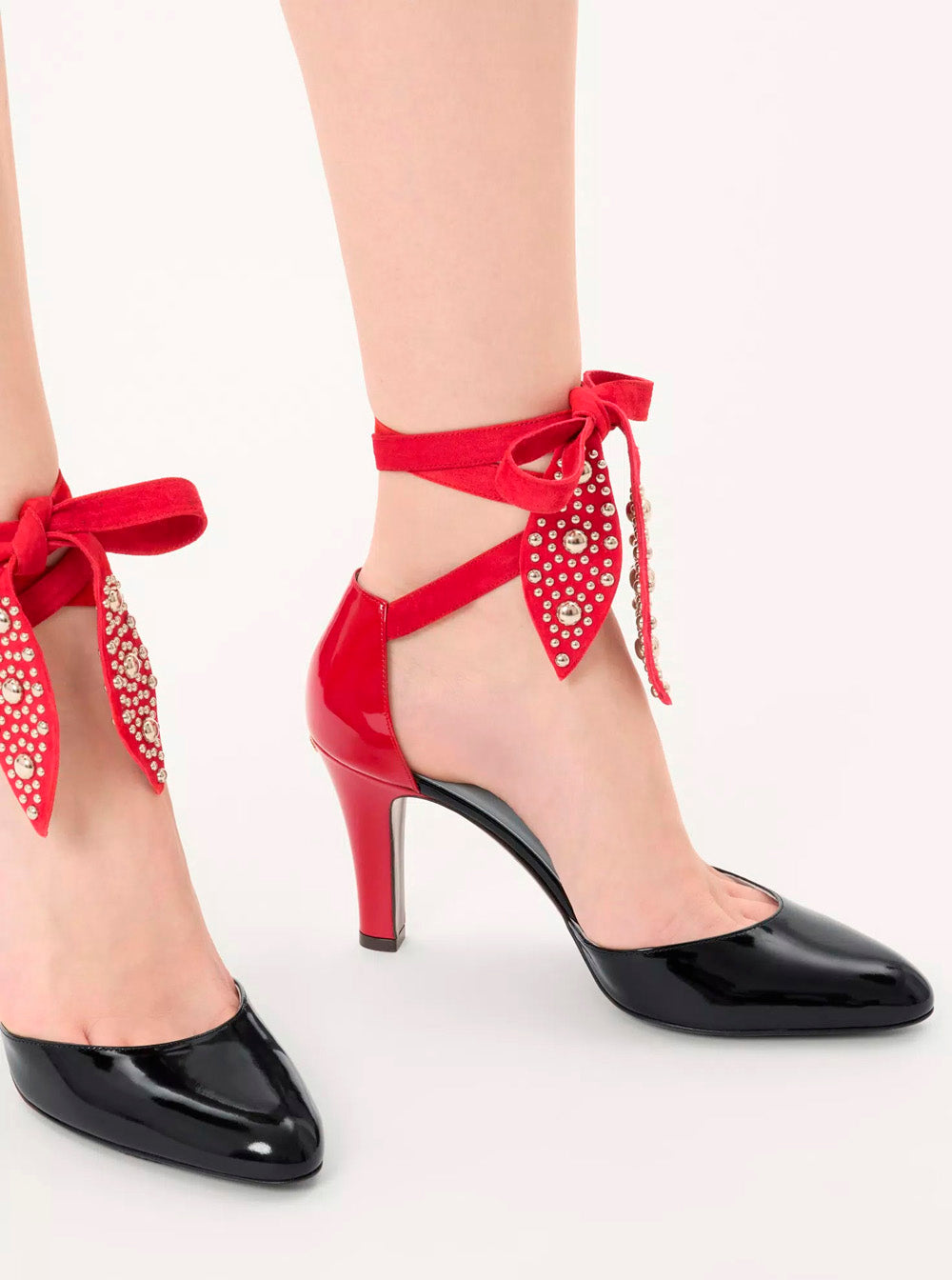 Valentino Garavani ladies 'Foliefoliage' Black Pumps Bead Embellishment Color-Block leather Red Black ankle tie heels