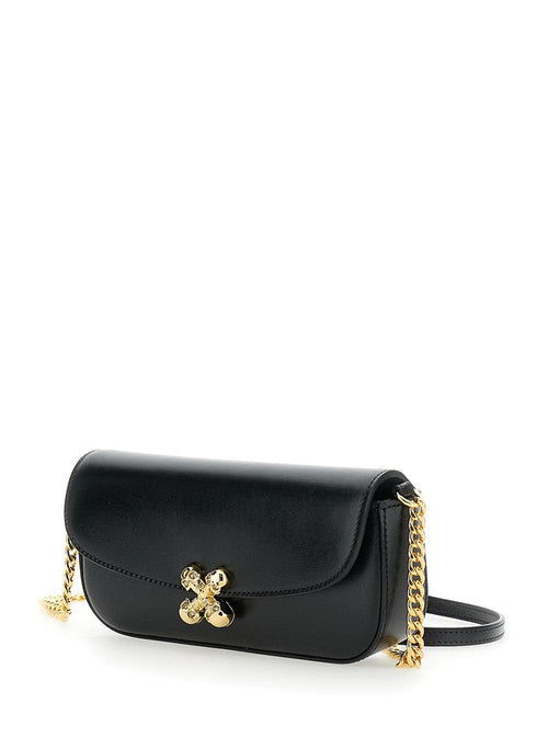 Alexander Mcqueen 'Skull Flower' Black Crossbody Bag Chain-Link Shoulder Strap Logo Plaque Handbag Purse