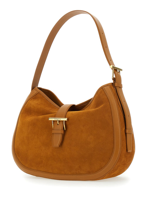 Alexander Mcqueen Ladies Brown Shoulder Bag Adjustable Shoulder Strap T Buckle Closure Suede Handbag Purse
