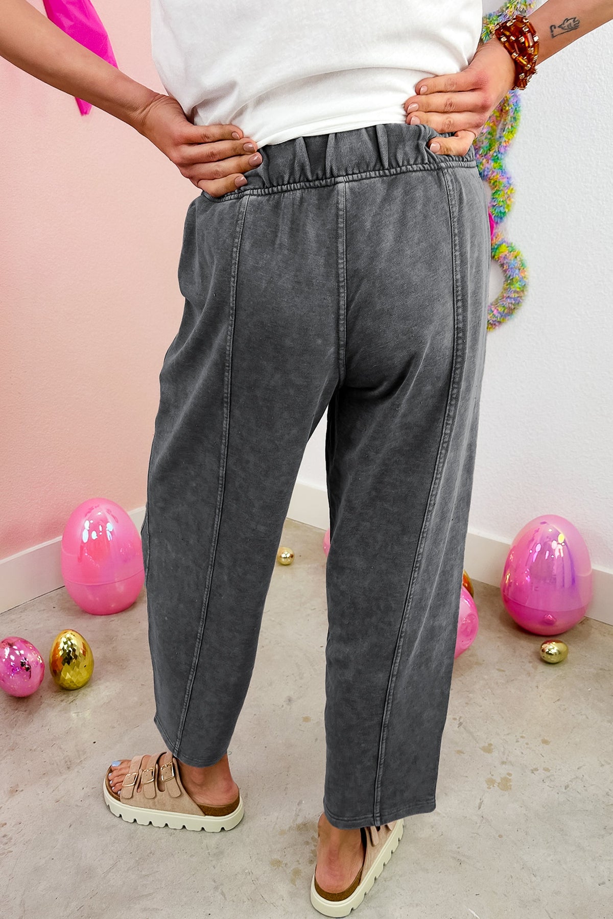 Lola Mineral Wash Seam Detail Elastic Waist Barrel Pants Indie Ladies
