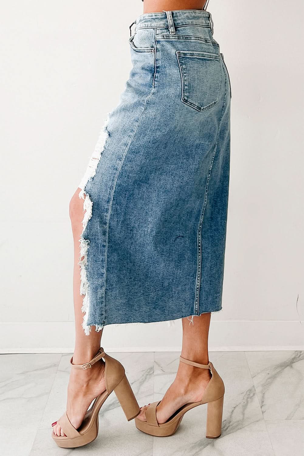 Myosotis Distressed long Denim Midi Skirt Irregular Look Boutique blue jean