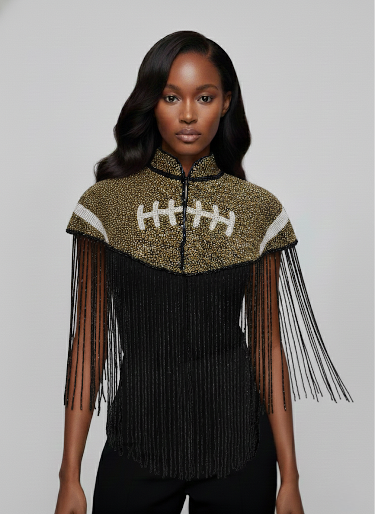 Bronze Football Touchdown Cape Beaded NFL Bling NCAA Saints fringe