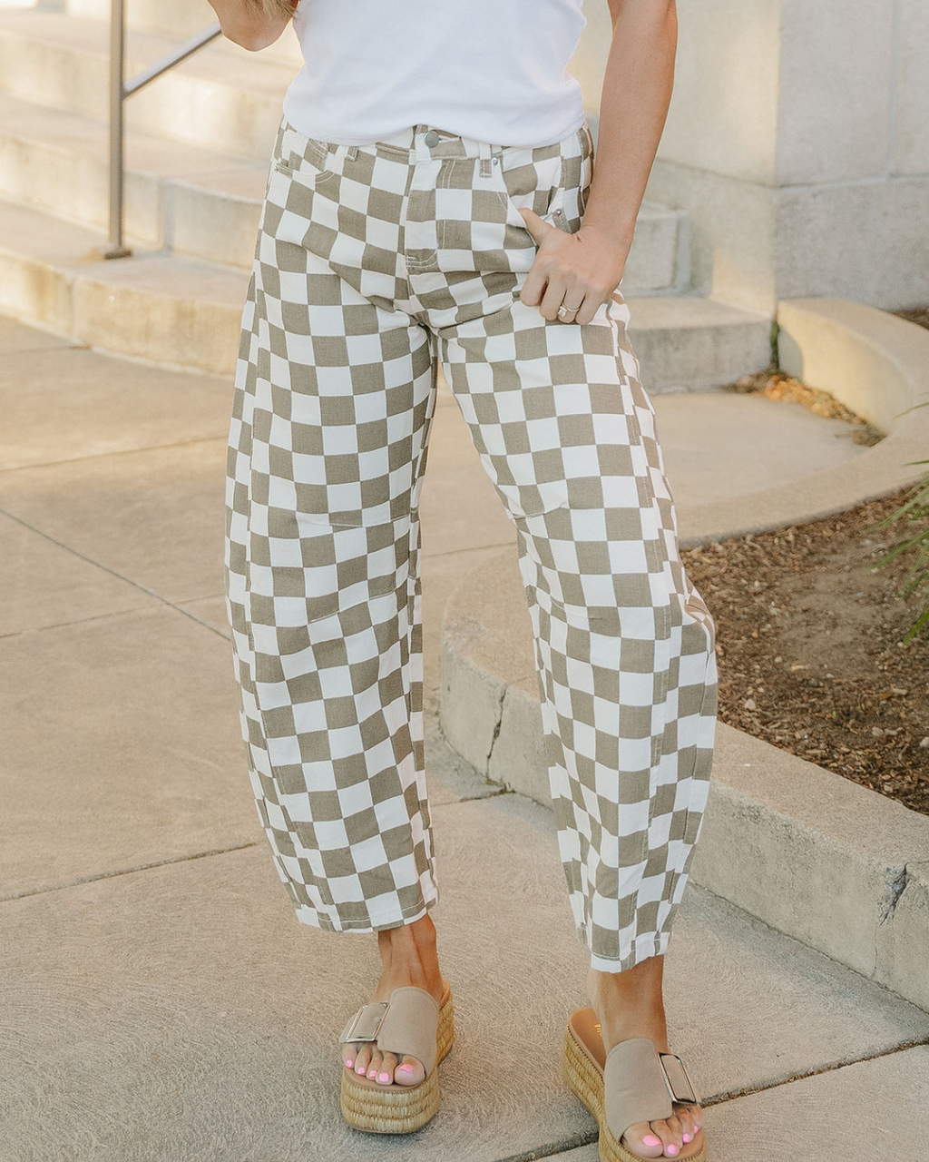 Riley Checkered Print Denim Barrel Pants Indie Ladies Jeans Cropped ankle