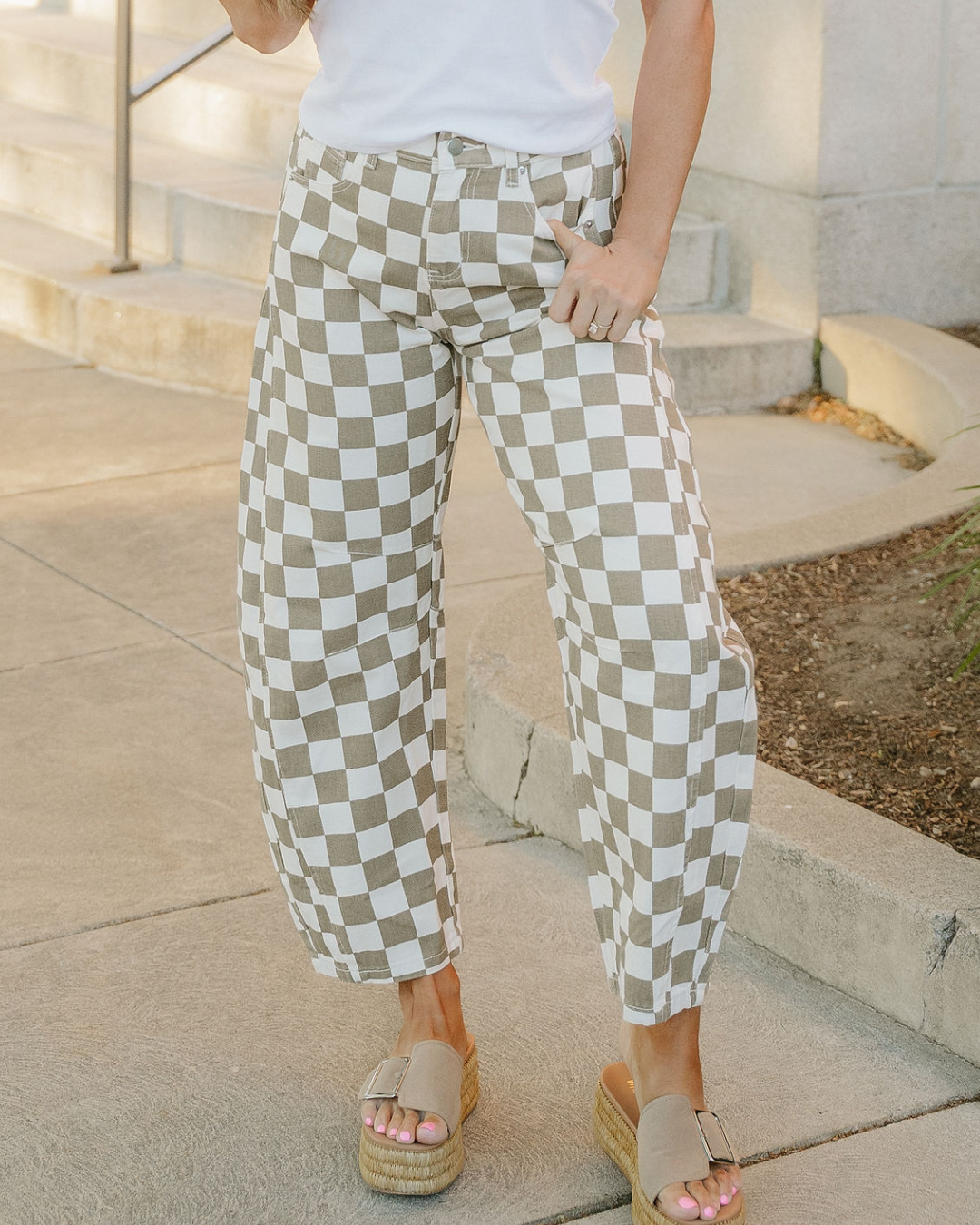 Riley Checkered Print Denim Barrel Pants Indie Ladies Jeans Cropped ankle