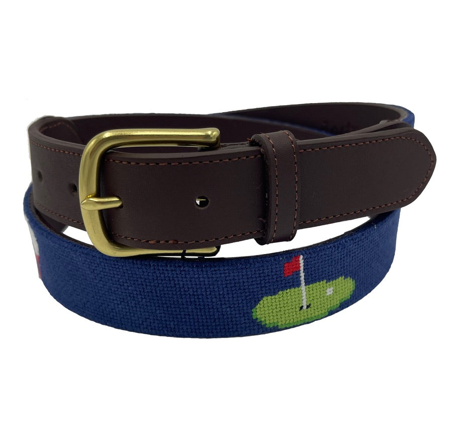 Charleston Belt Golf Green Gator Croc Leather Hand-stitched Needlepoint Belt Navy men's