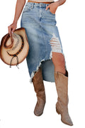 Myosotis Distressed long Denim Midi Skirt Irregular Look Boutique blue jean
