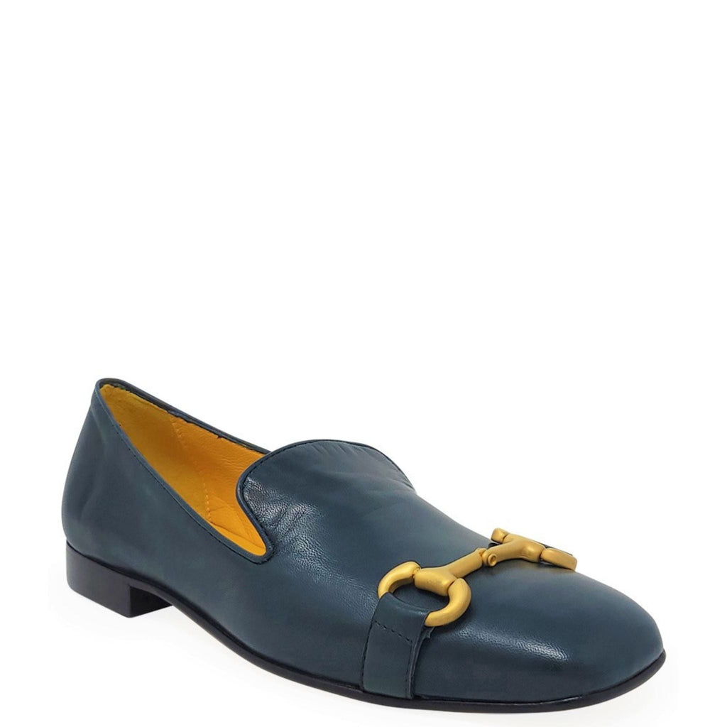 Teal Leather Square Toe Loafer shoes flats career Mara Bini Italy Madison Maison