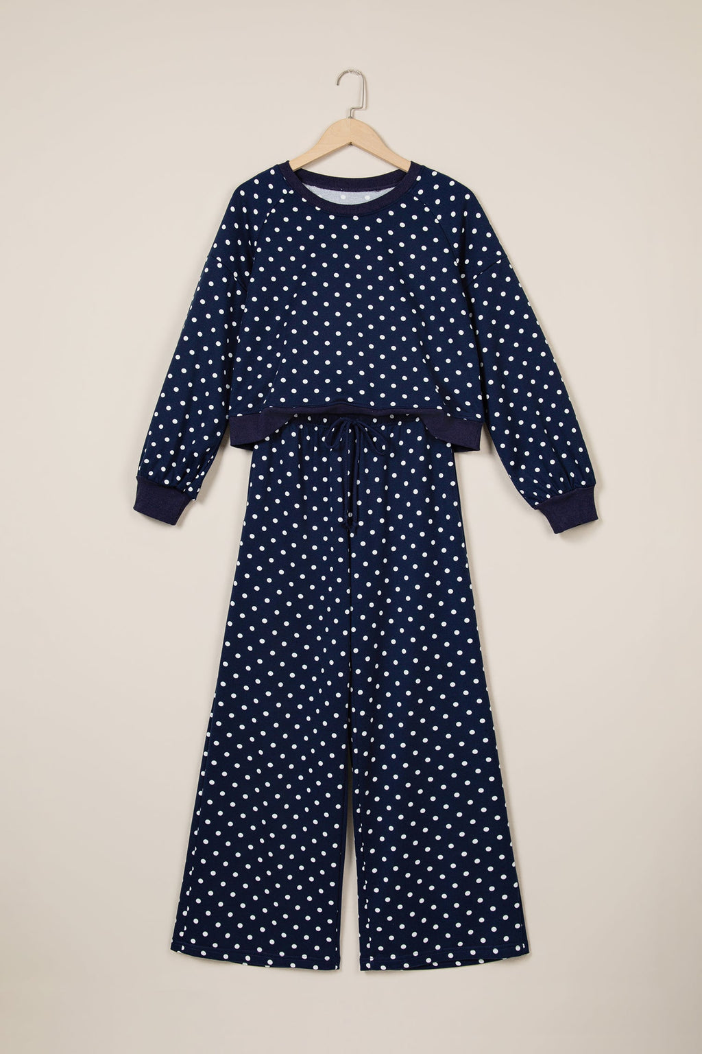 Jane Polka Dot Drawstring Wide Leg Long Sleeve Top Pant Set Outfit