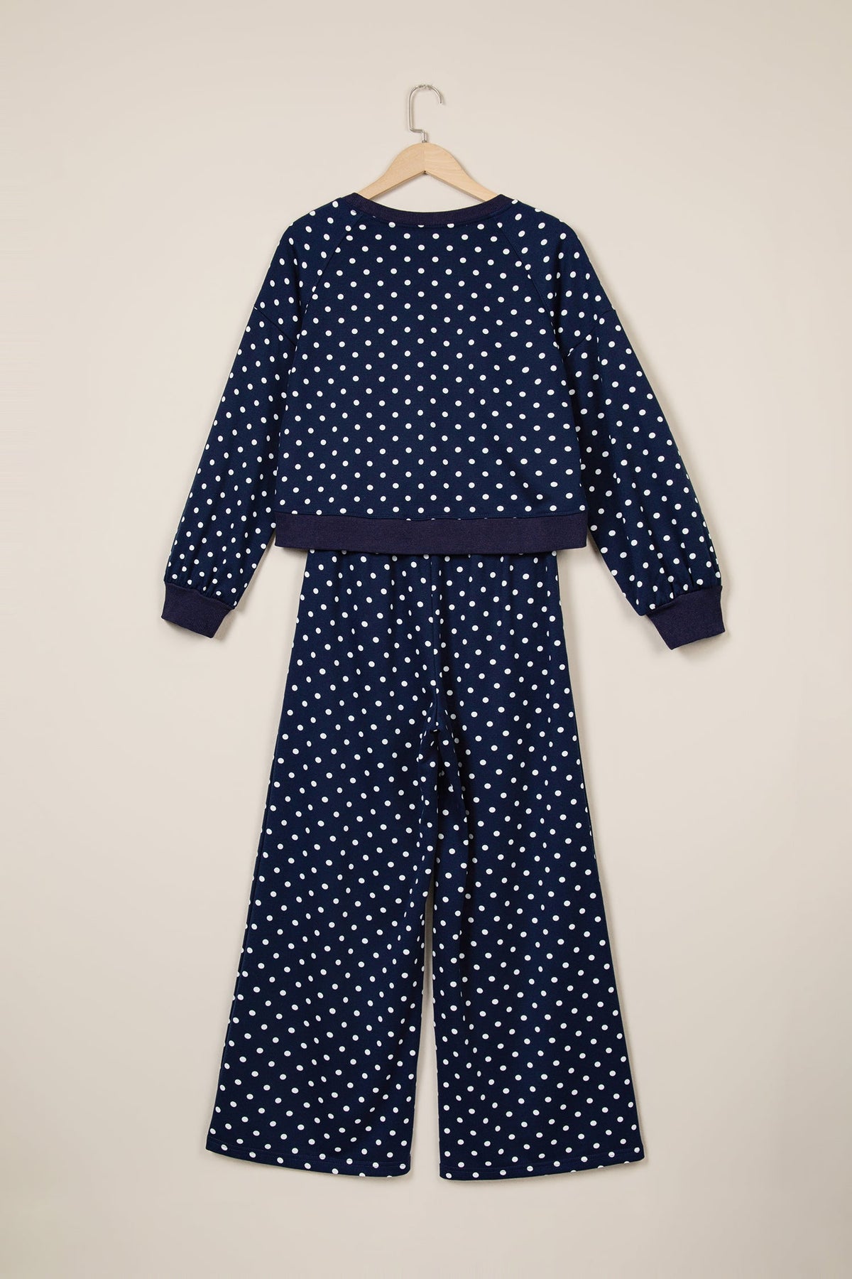 Jane Polka Dot Drawstring Wide Leg Long Sleeve Top Pant Set Outfit