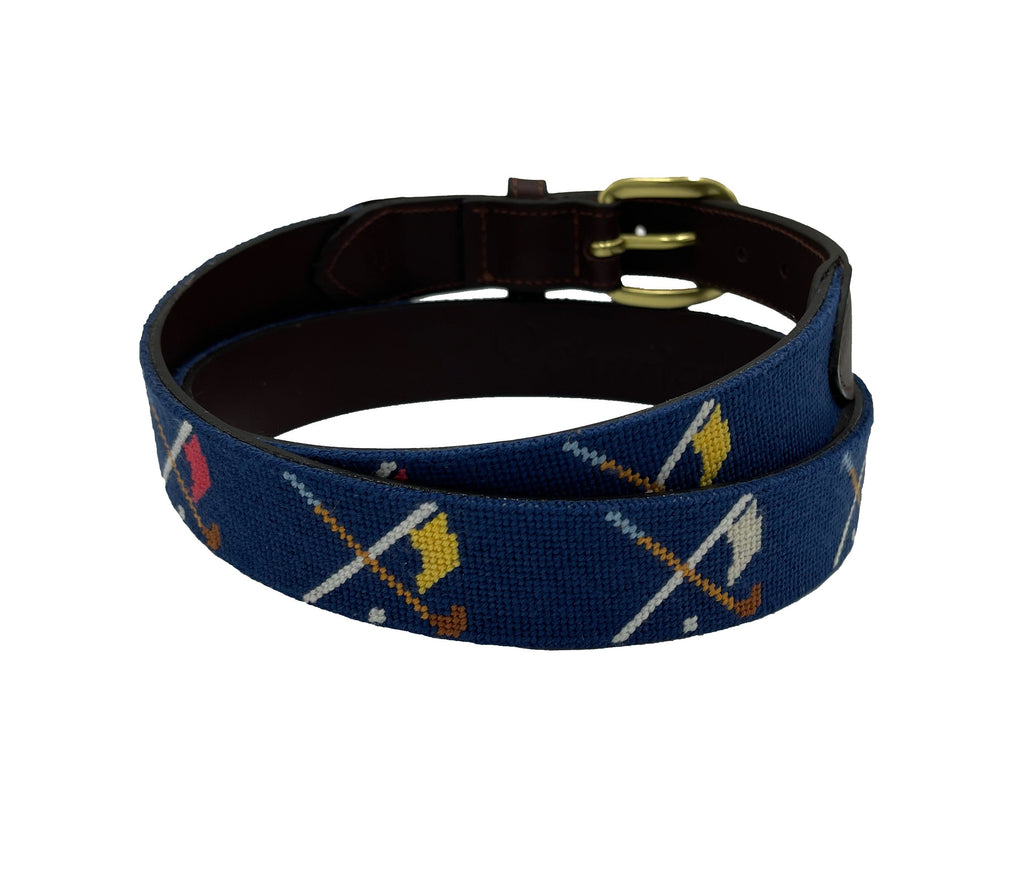 Golf Clubs and Flags Crossed needlepoint men's Belt navy blue