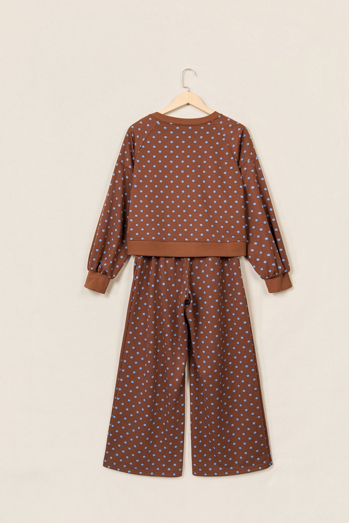 Jane Polka Dot Drawstring Wide Leg Long Sleeve Top Pant Set Outfit