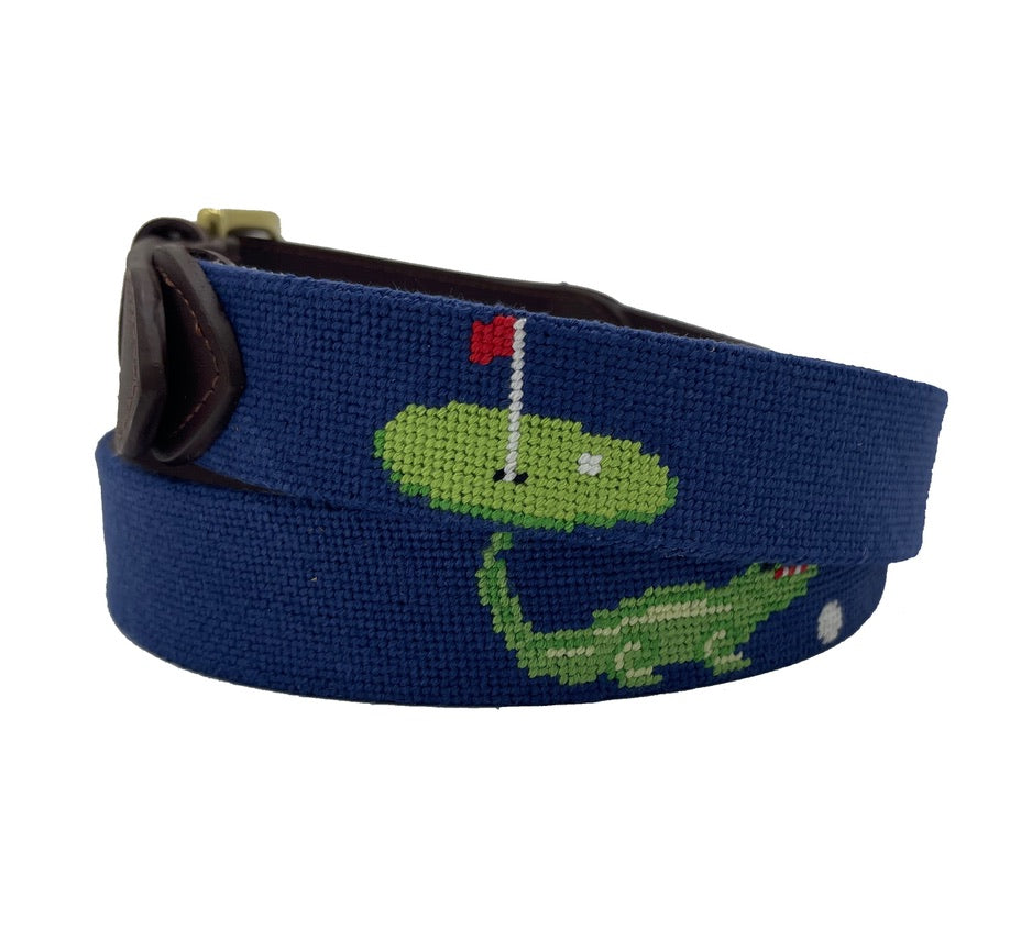 Charleston Belt Golf Green Gator Croc Leather Hand-stitched Needlepoint Belt Navy men's