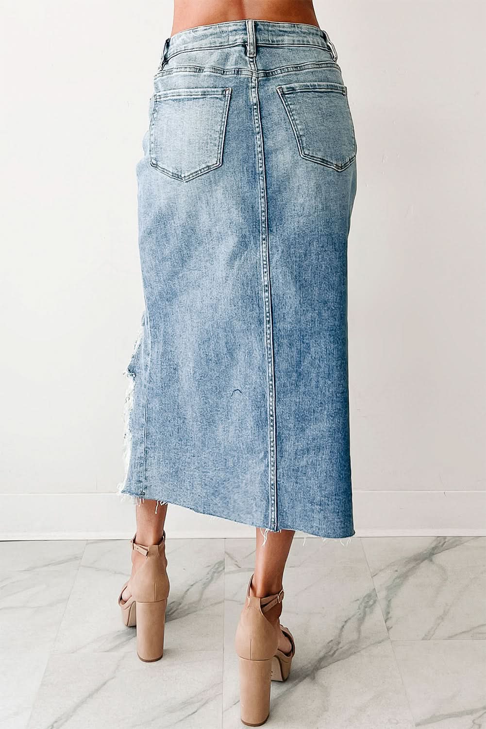Myosotis Distressed long Denim Midi Skirt Irregular Look Boutique blue jean