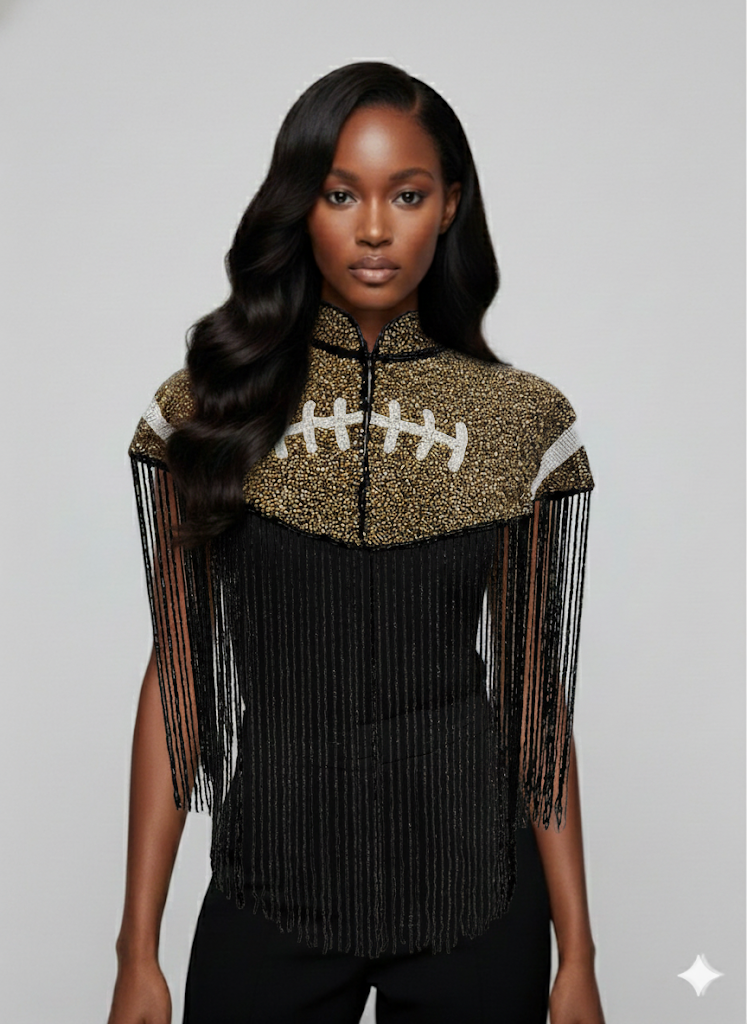 Bronze Football Touchdown Cape Beaded NFL Bling NCAA Saints fringe