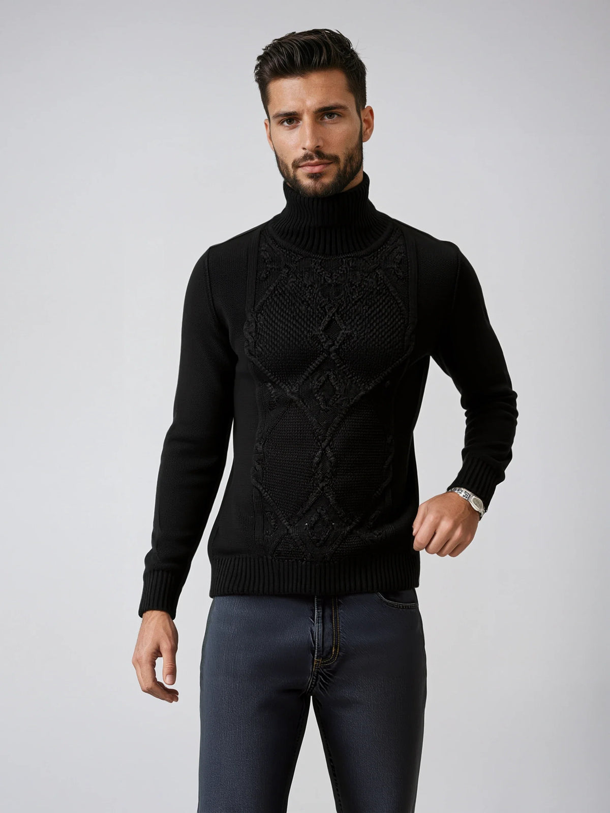Hand Knit Cable Turtleneck Sweater Men's wool Italy Gionfriddo
