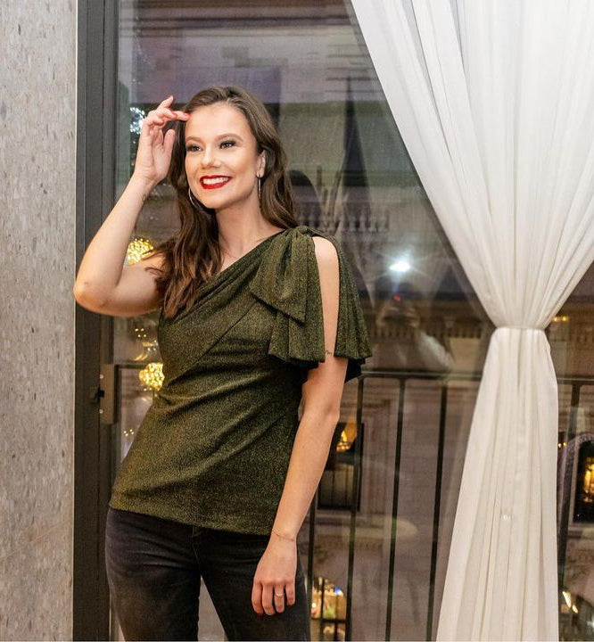 The Ritz-Carlton one-shoulder bow blouse top lurex sparkle cocktail black gold tunic formal Cenia New York