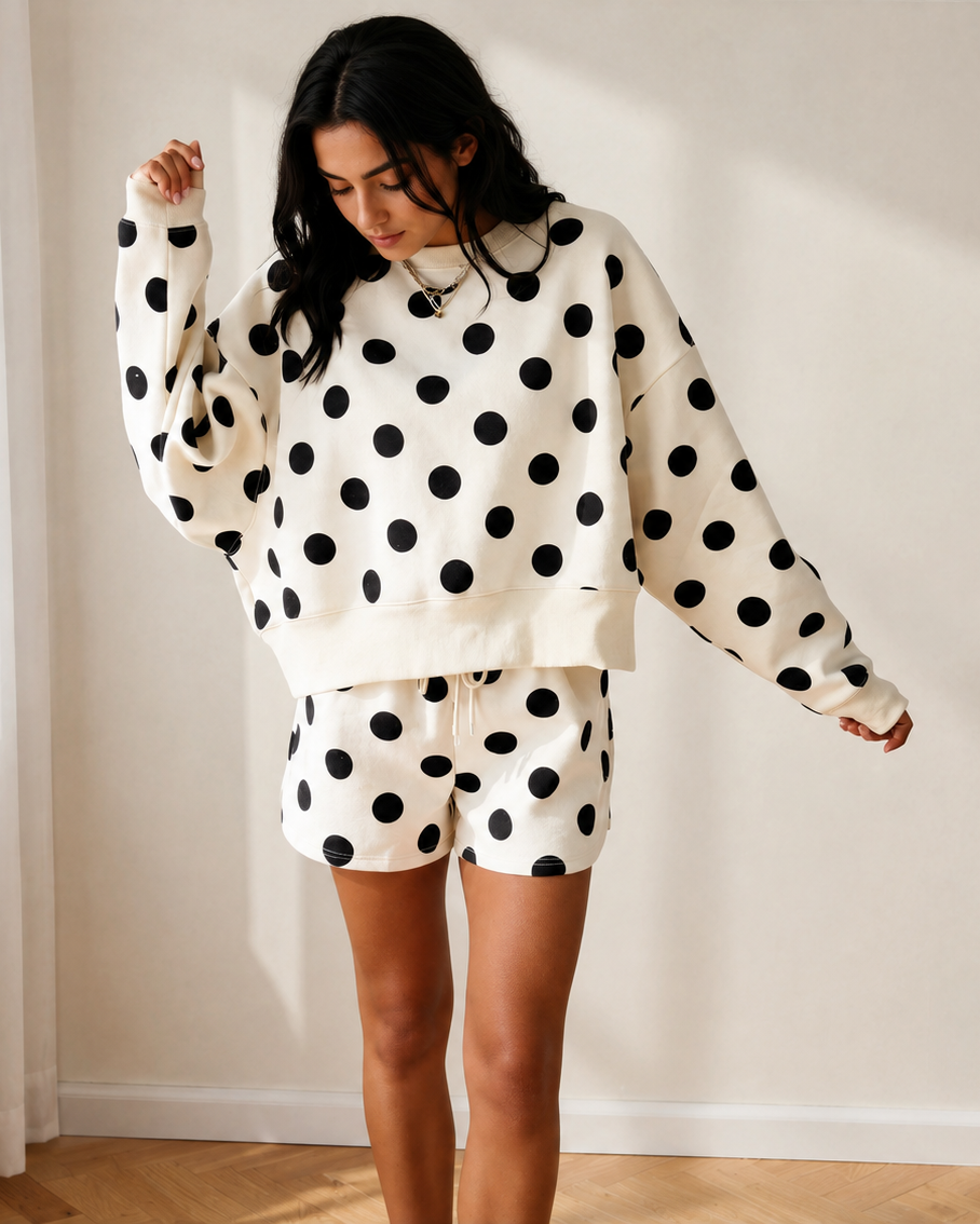 Kaylee Drawstring Shorts Set Polka Dot Indie Ladies Outfit