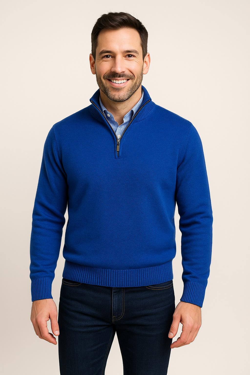 Quarter-Zip Pullover Sweater - Royal Blue Men's Cashmere blend Gionfriddo Italy