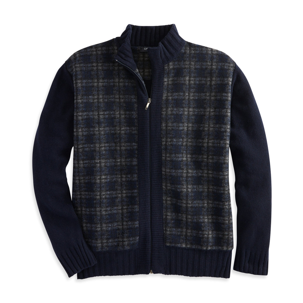 Men's Sweater Jacket Zipper plaid Navy gray Gionfriddo Italy