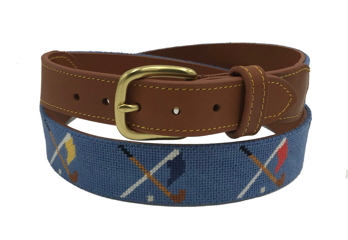 Golf Clubs and Flags Crossed needlepoint men's Belt navy blue