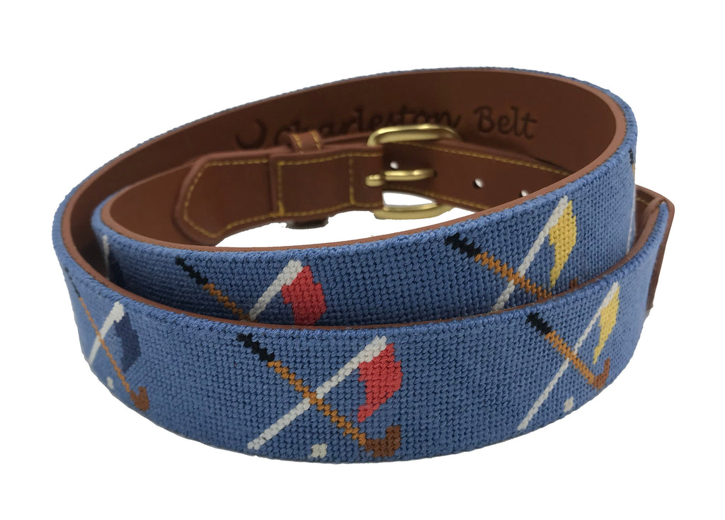 Golf Clubs and Flags Crossed needlepoint men's Belt navy blue