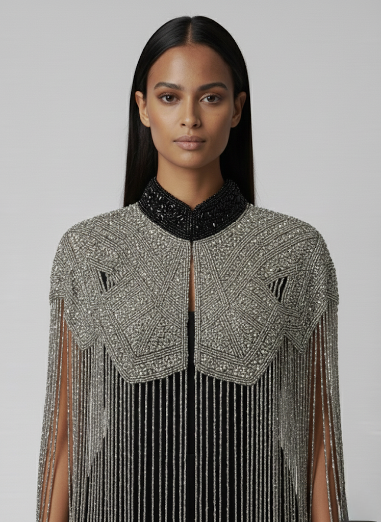 Liquid Steel Cape Wrap Shawl Beaded Formal Silver Black