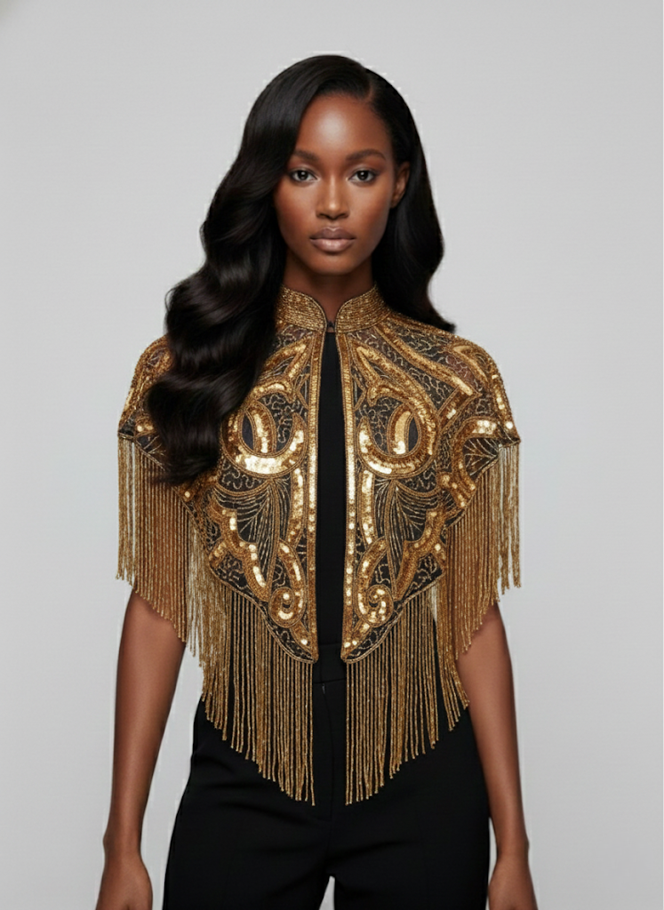 Aurum Empress Cape Gold Sequins Beaded Formal Party Evening