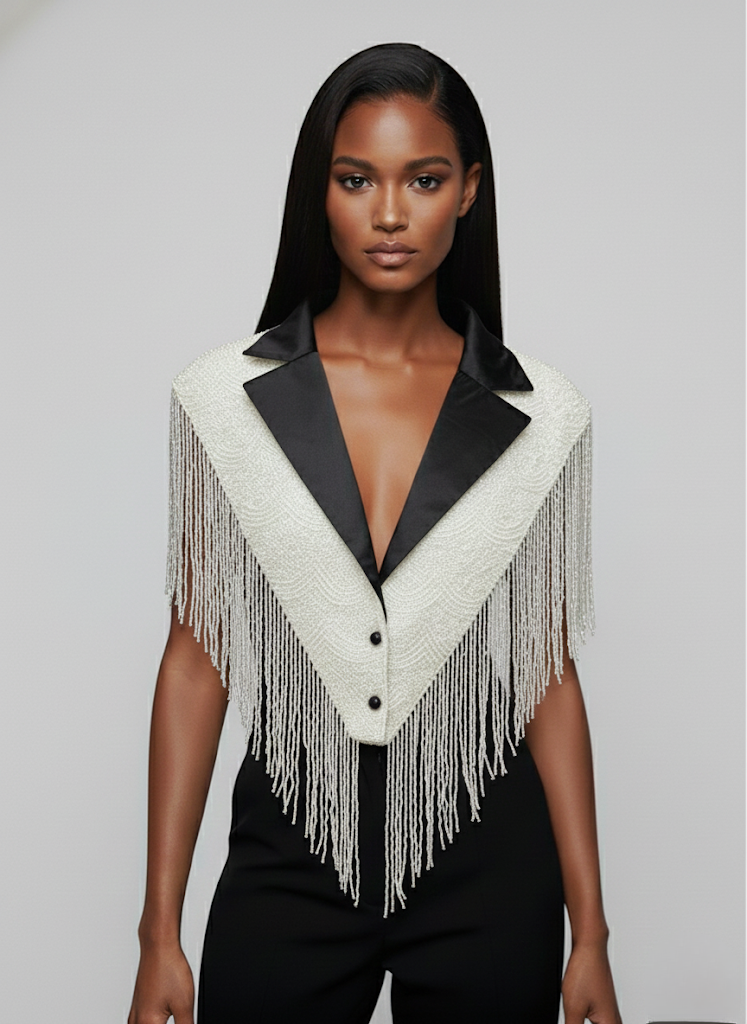 CEO Energy Cape Beaded Shawl Wrap Black White Formal