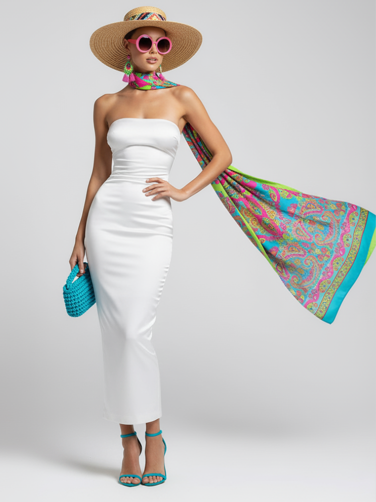 Long Skirt Dress Asymmetric Style Slim Fit White, Tribeca, BYMANYC New York Bodycon