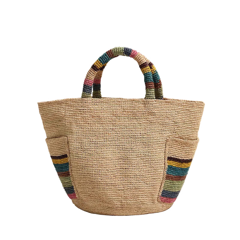 High Grade Raffia Straw Woven Bag Outer striped Pockets Straw Seaside Vacation Beach Bag purse