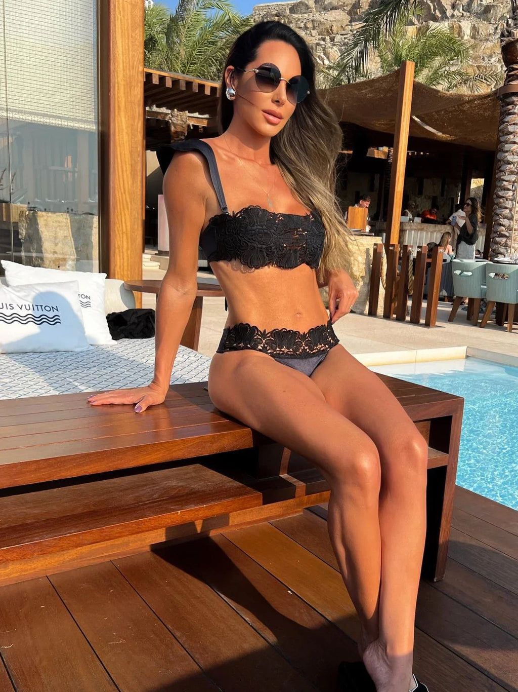 Halle Black Lace Three Piece swimsuit bikini and palazzo cover up pants set