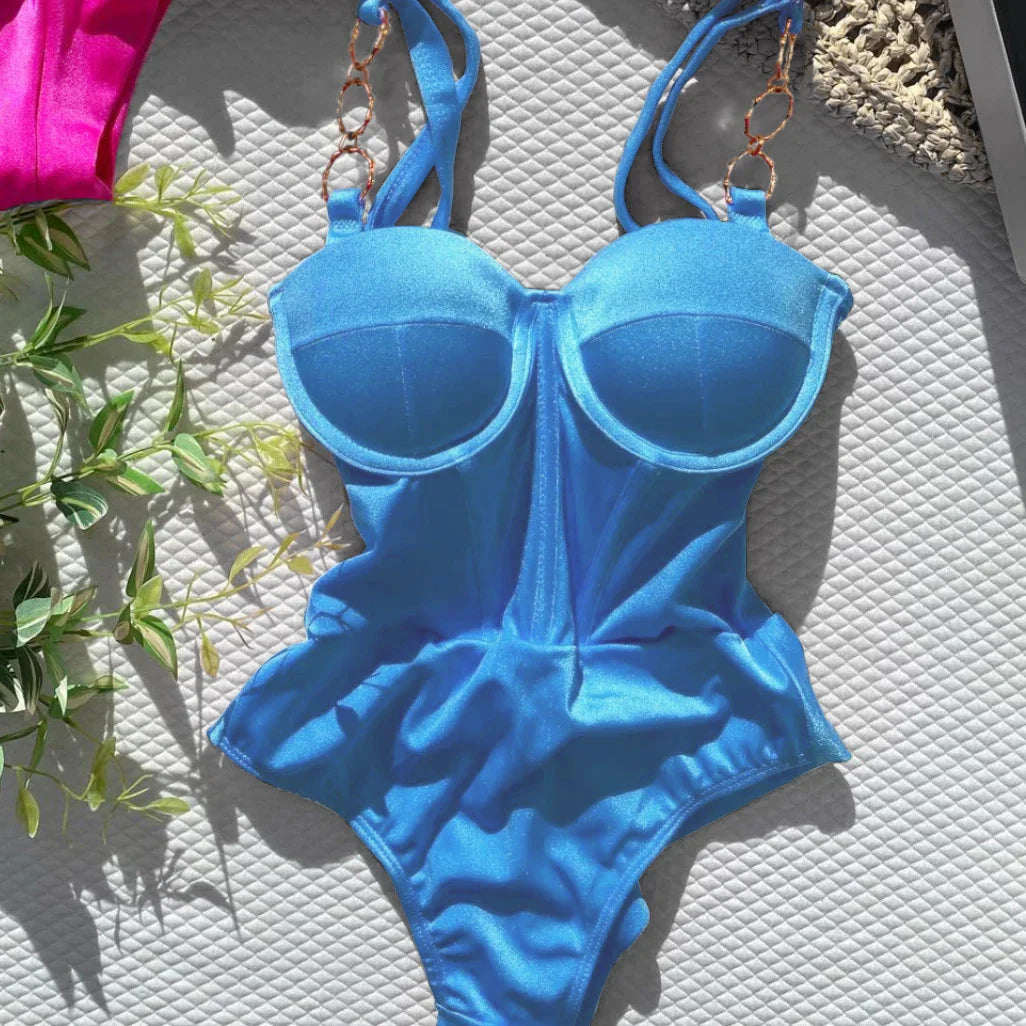 Beach Barbie one piece swimsuit push-up chain straps
