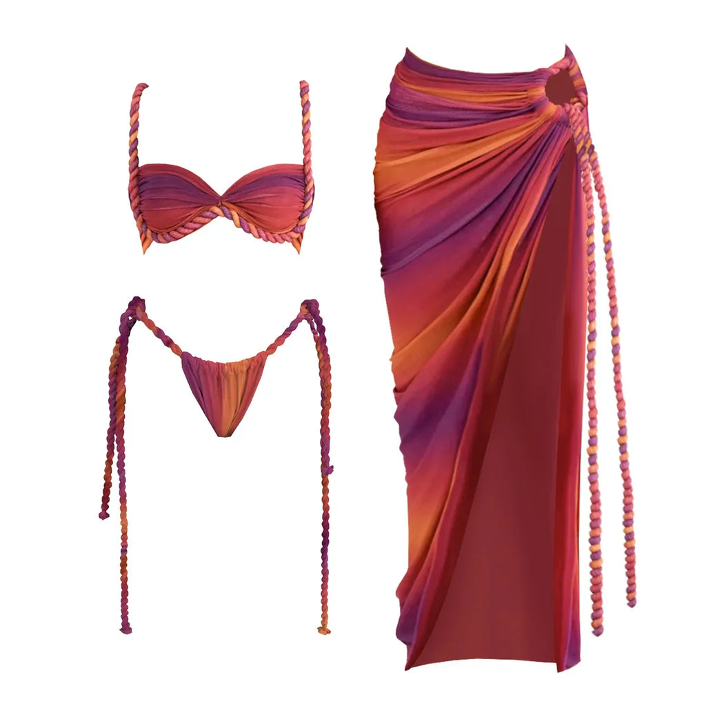 Avie three piece crochet swimsuit set bikini cover-up sarong skirt