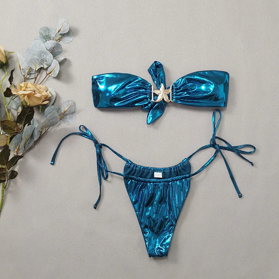 Blue Glossy MerBae two piece swimsuit bikini metallic lame strapless