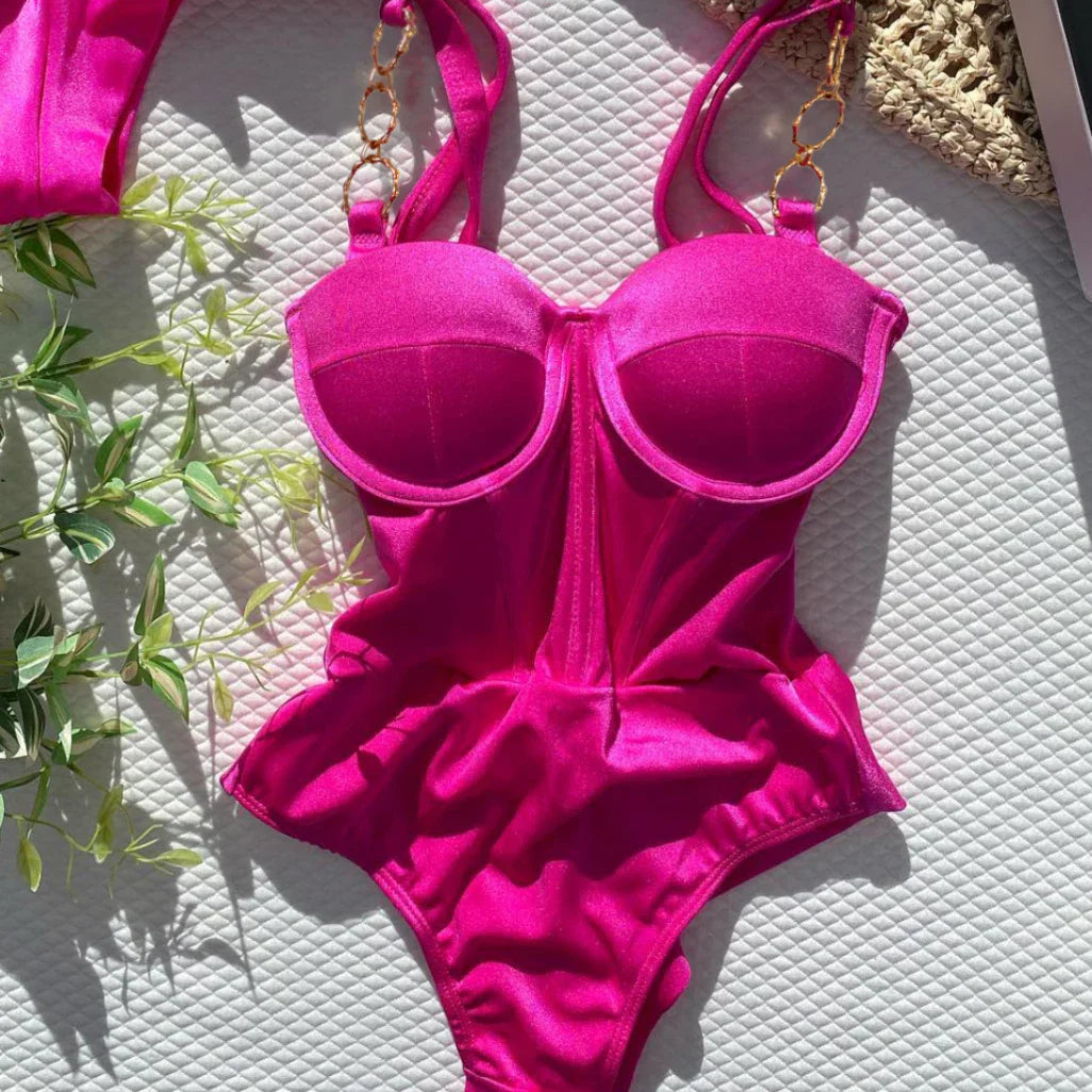 Beach Barbie one piece swimsuit push-up chain straps