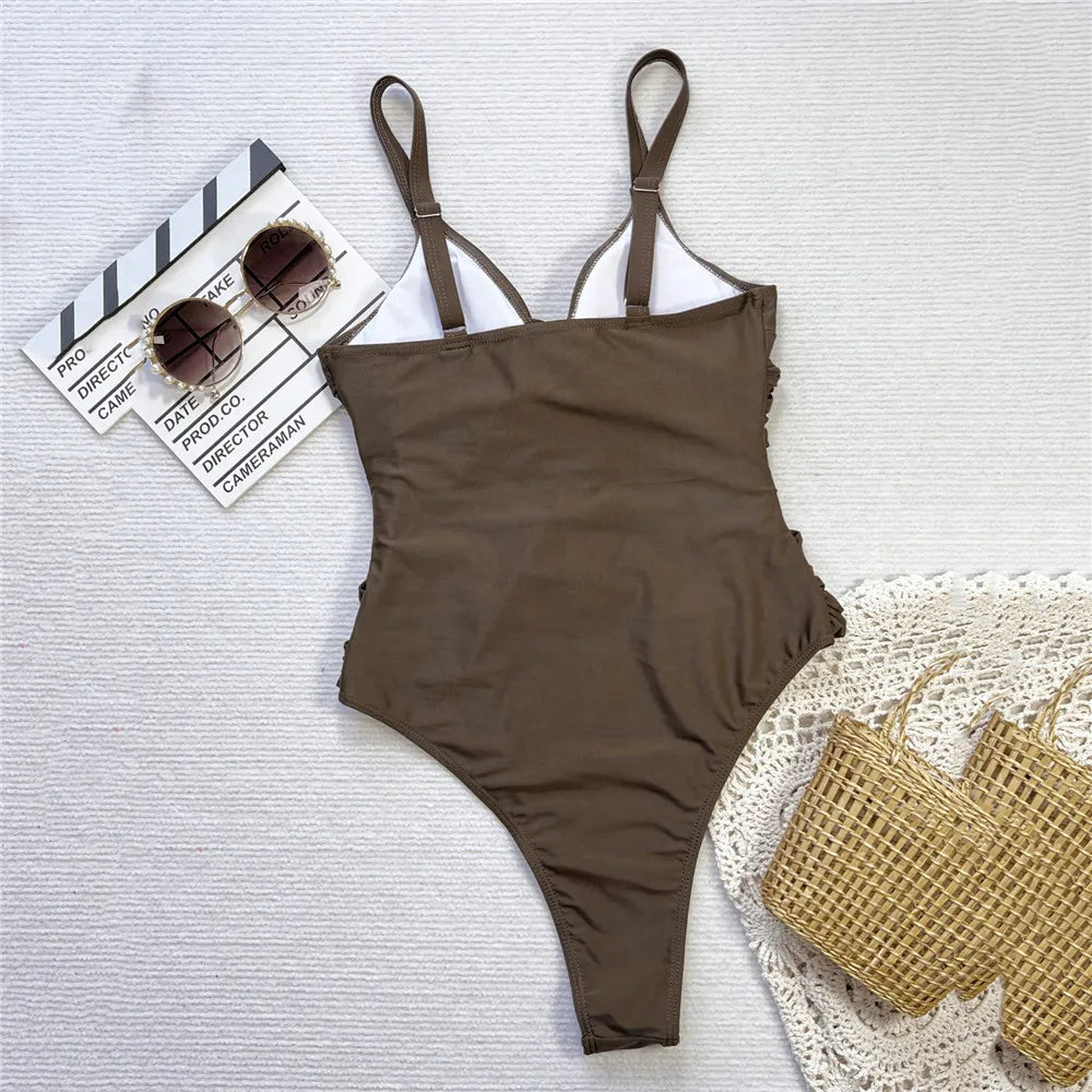 Tan girl Cross Bandage one piece swimsuit