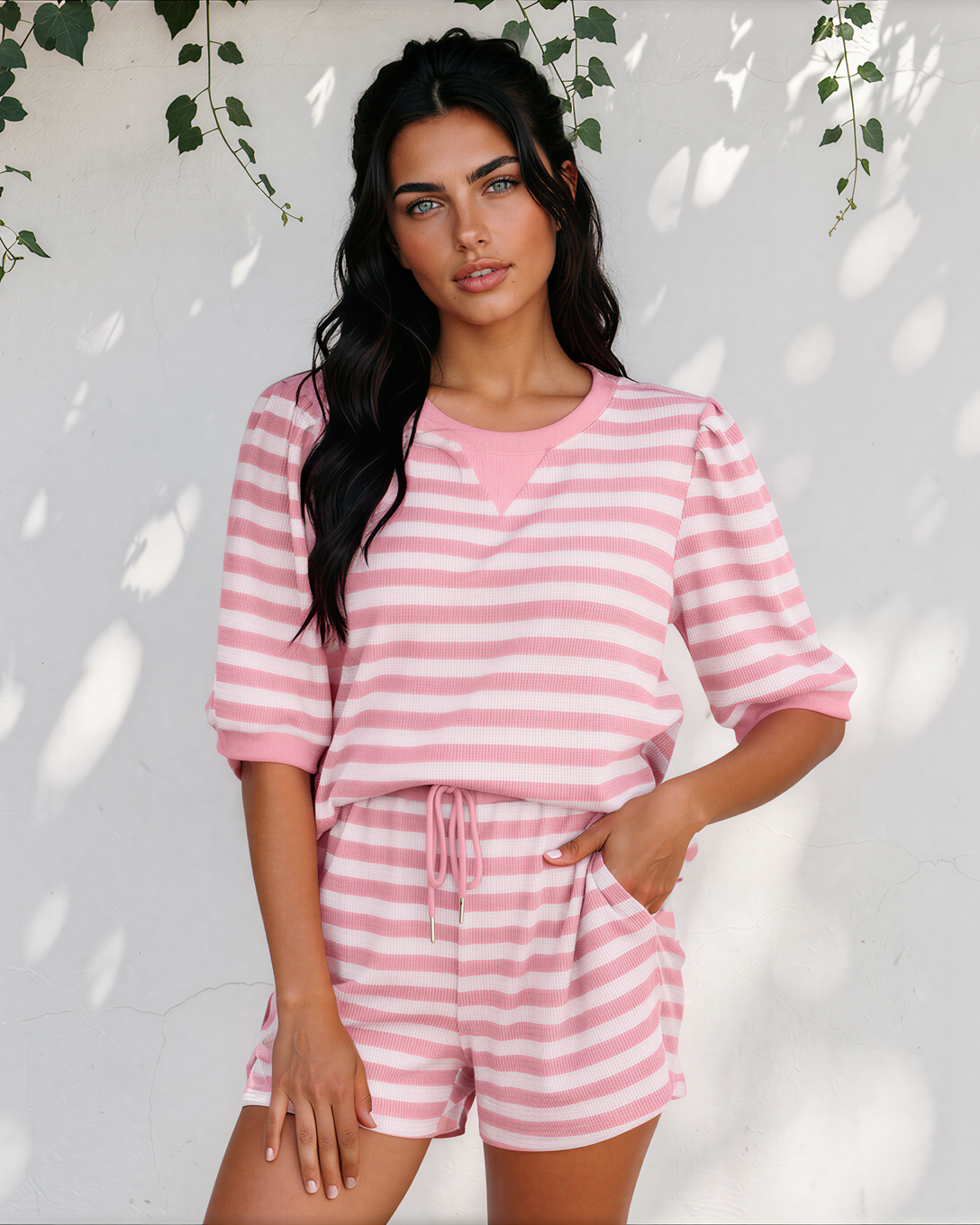 Sweet Escape Lounge Set Outfit Shorts Top Ladies Striped  Indie & Co
