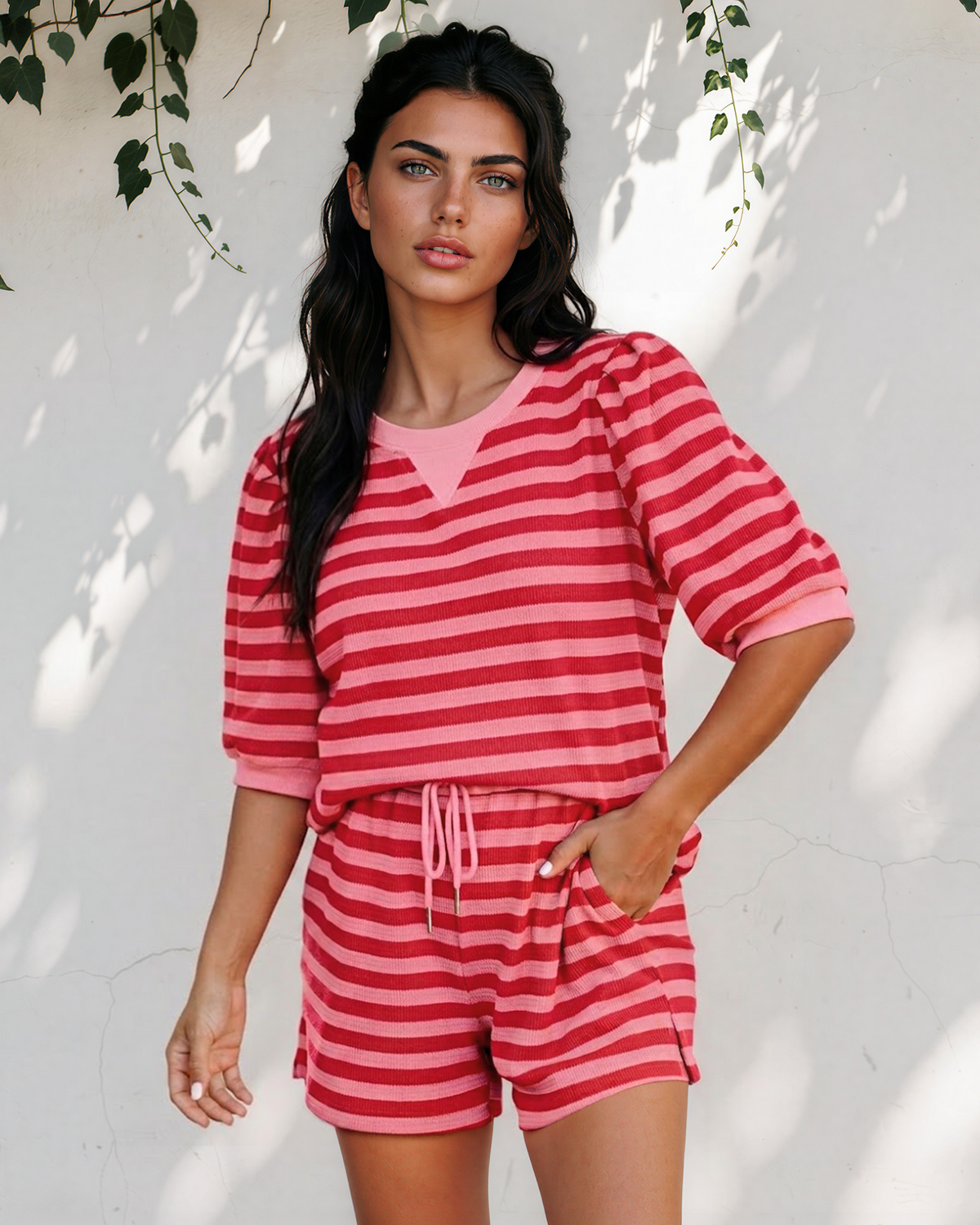 Sweet Escape Lounge Set Outfit Shorts Top Ladies Striped  Indie & Co