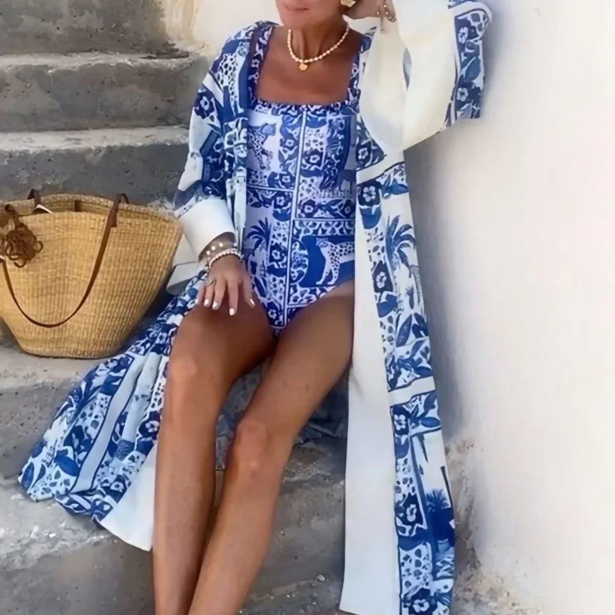 Vacay luxury two piece swimsuit set with cover up blue white one piece