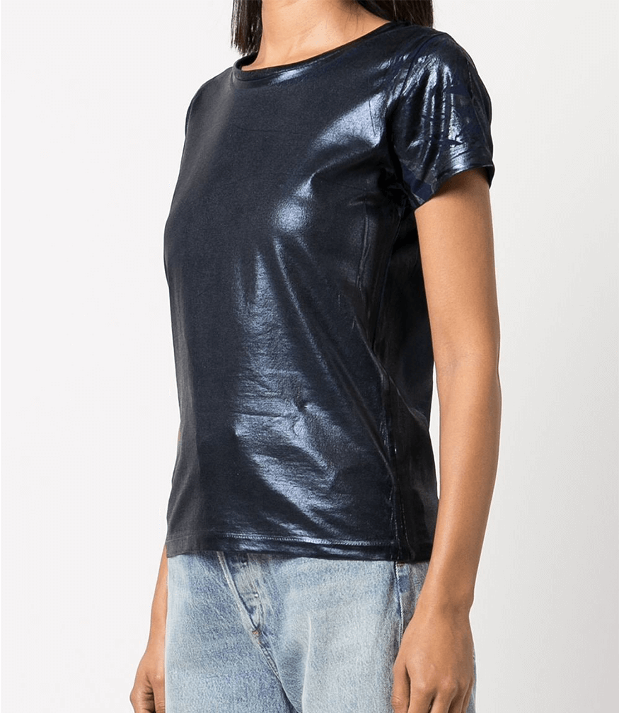 Metallic Coated Cotton T-Shirt Navy Foil Madison Maison Beverly Hills top