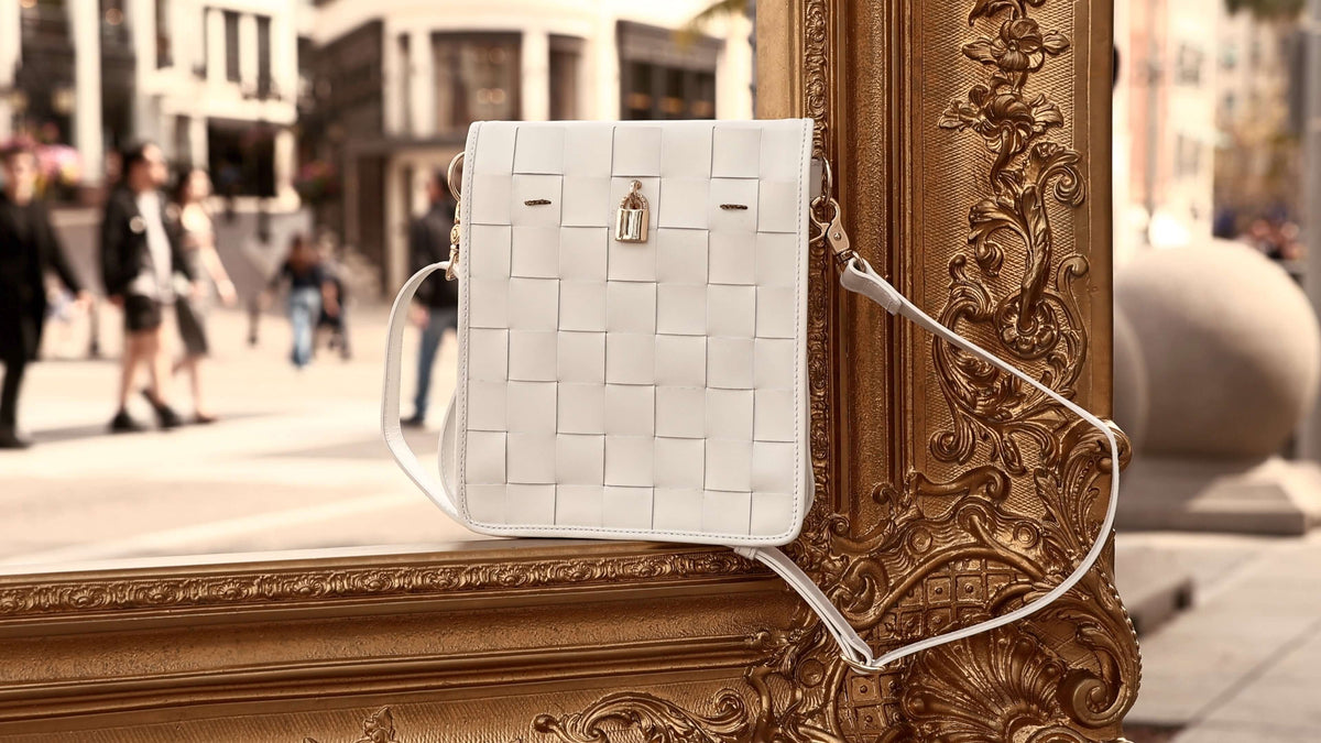 Woven Leather White Crossbody Bag Handbag Purse Italian Joan Hornig lock