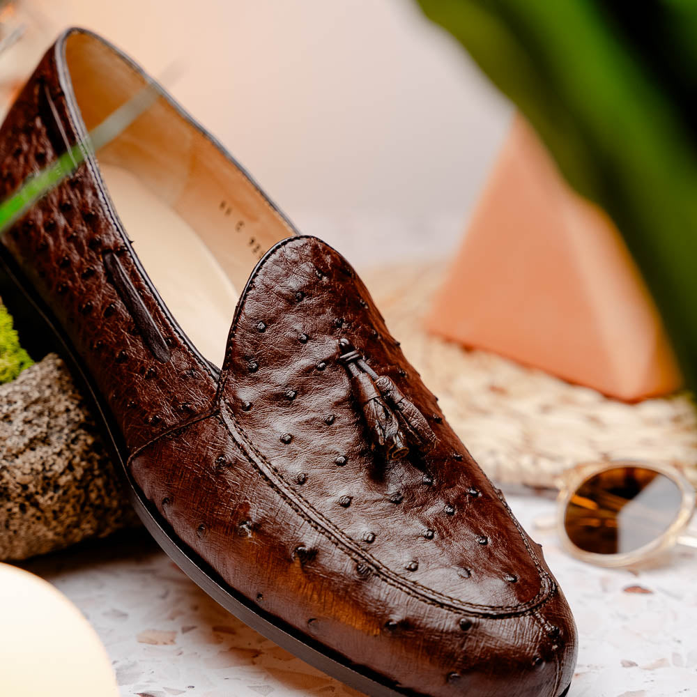 Aubiere Brown tassel loafers men's dress shoes Ostrich quill Milano