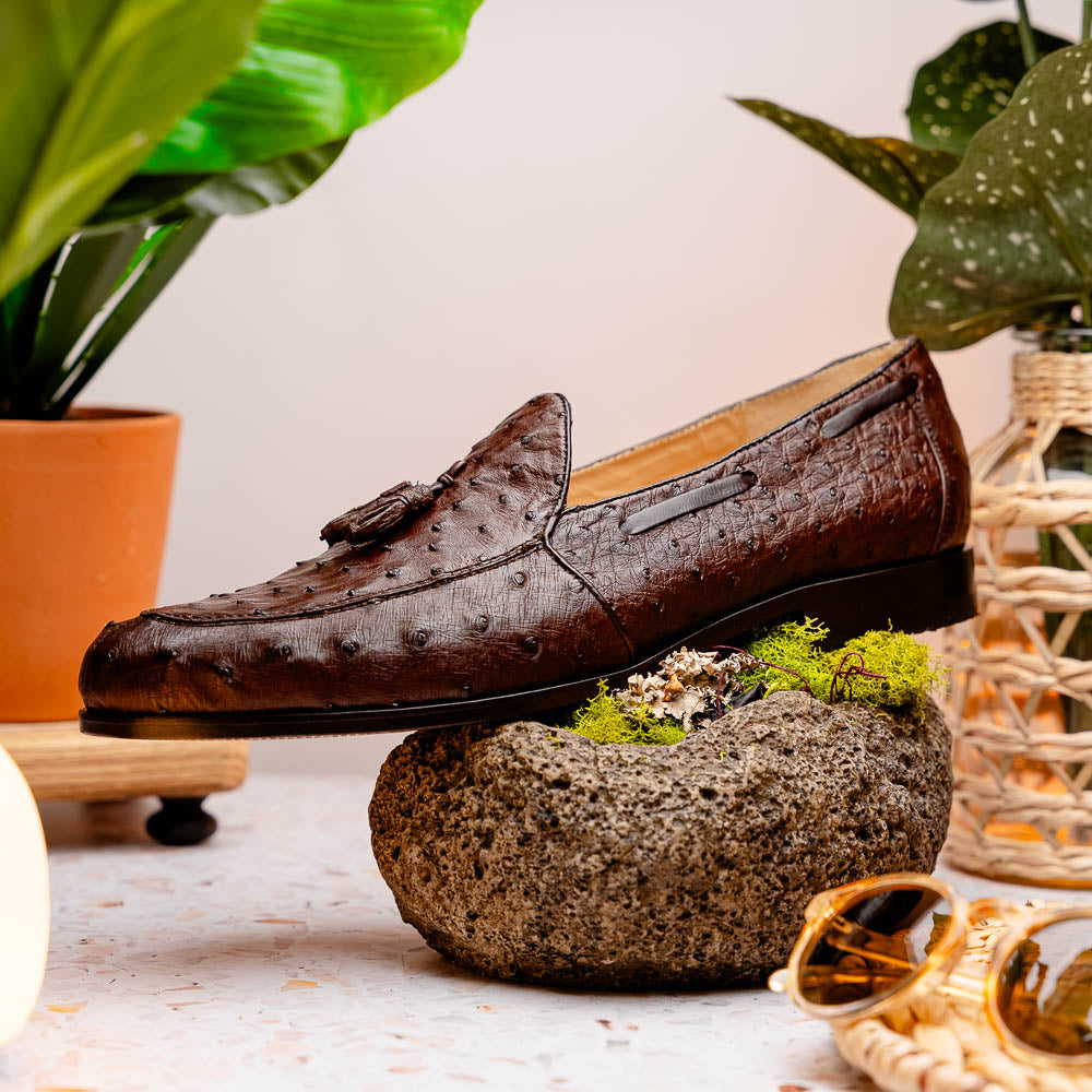 Aubiere Brown tassel loafers men's dress shoes Ostrich quill Milano
