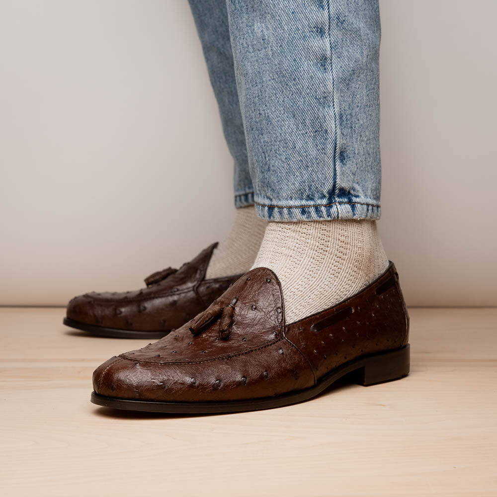 Aubiere Brown tassel loafers men's dress shoes Ostrich quill Milano
