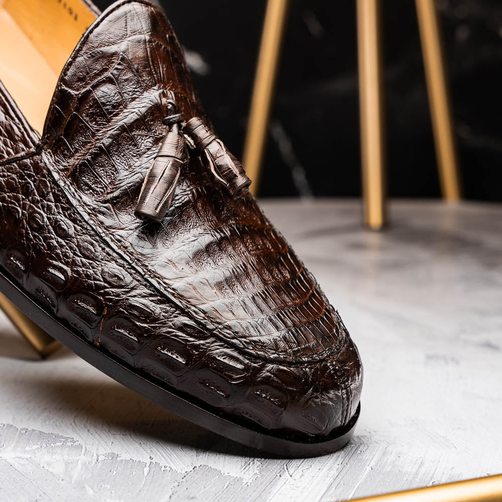 Bianchi Brown genuine Caiman crocodile loafers dress shoes men's