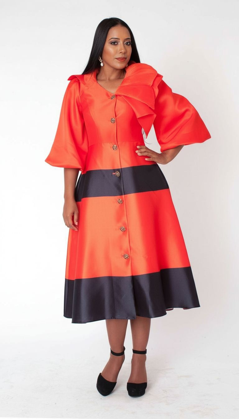 Colorblock Bow Detail Midi Dress - 41085 dressy luncheon events church red black Tally